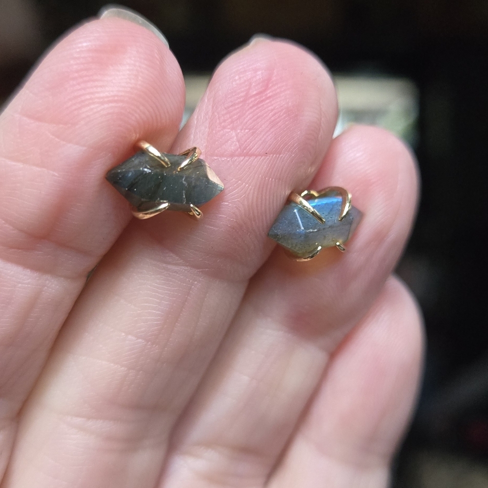 Labradorite Natural 4k Point Sterling & Gold Earrings - Picture 8 of 10